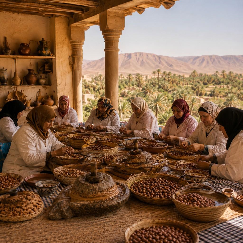 Atelier coopératif marocain — femmes artisanes autour d'une table, cassage des noix d'argan au moulin de pierre, oasis en fond