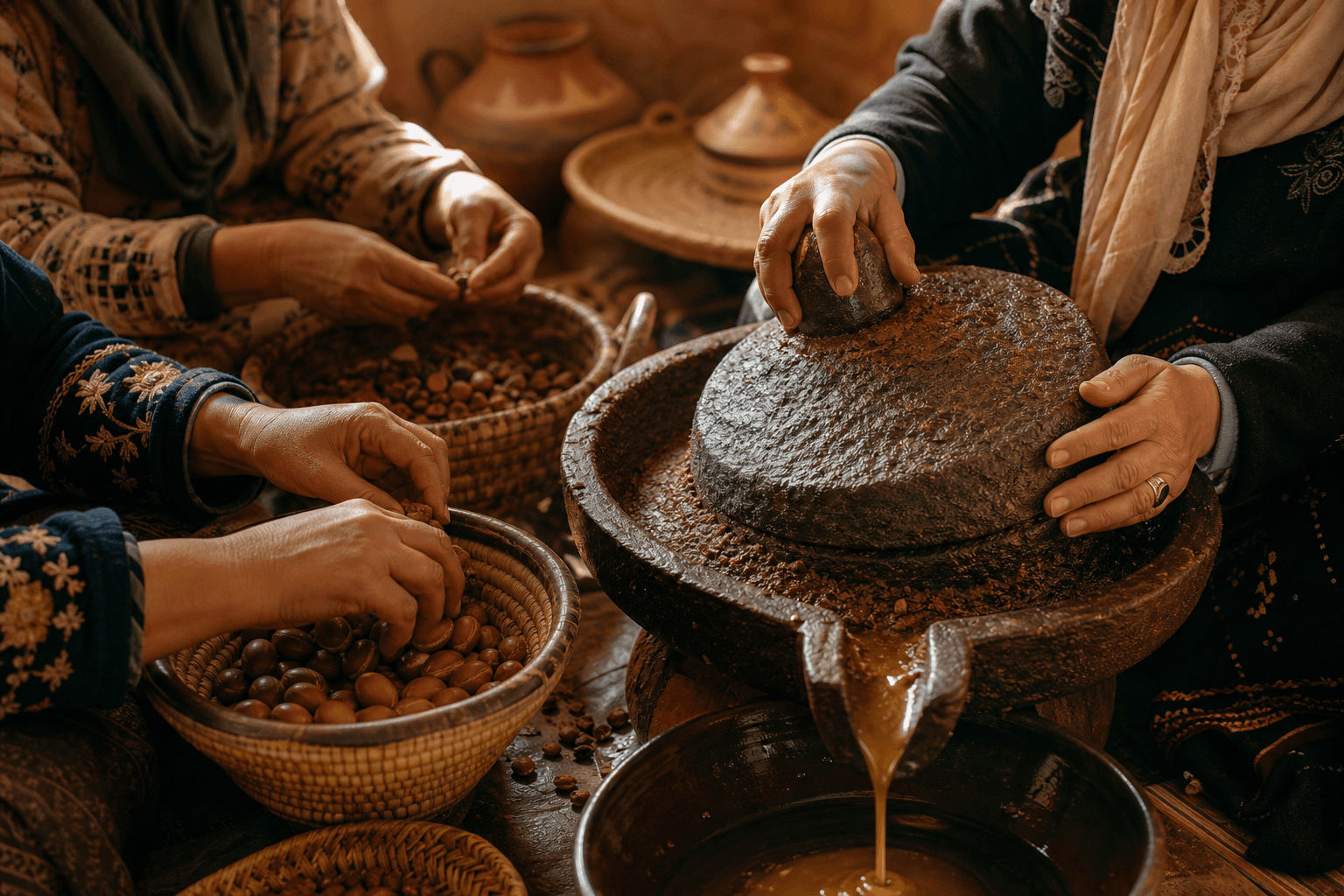 Atelier coopératif marocain — femmes artisanes pressant l'huile d'argan au moulin de pierre, savoir-faire communautaire