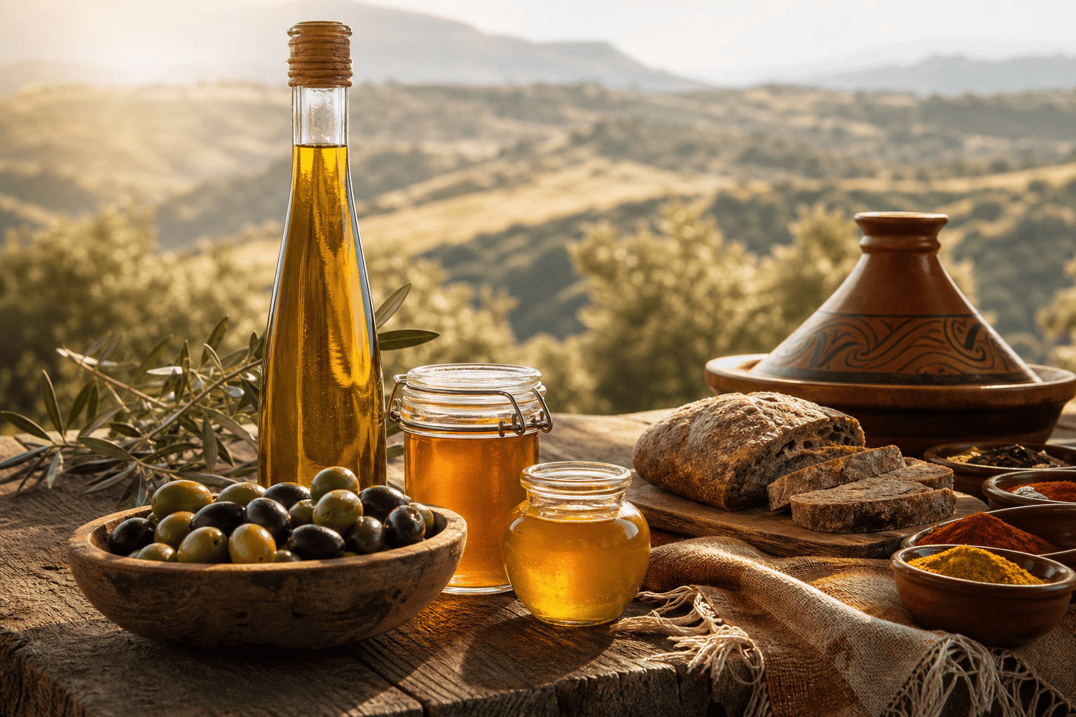 Still life terroir marocain — huile d'olive, miel, olives, pain rustique, tagine et épices à l'heure dorée