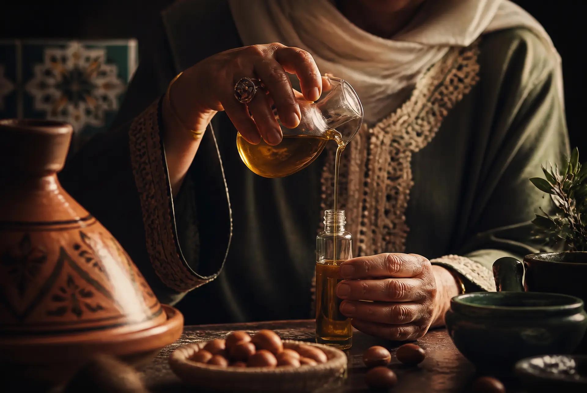 Artisane marocaine versant de l'huile d'argan pressée à la main